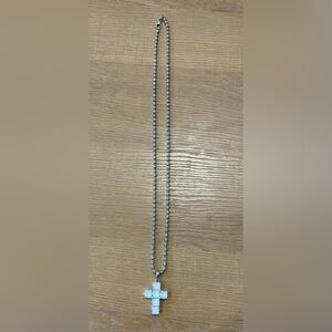 Vintage Silver Beaded Ball Chain With Square Opalescent Stones Cross Necklace